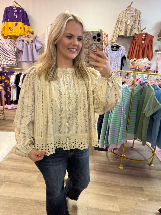 Blue & Brown Floral Lace Trim Top
