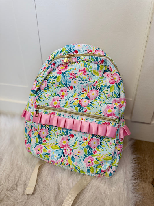 Floral Pink Ruffle Backpack
