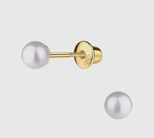 14K Gold-Plated White Pearl Earrings with Screw Backs