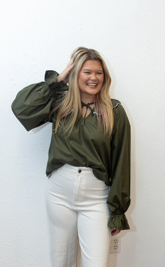 Olive and White Scalloped Collar Top