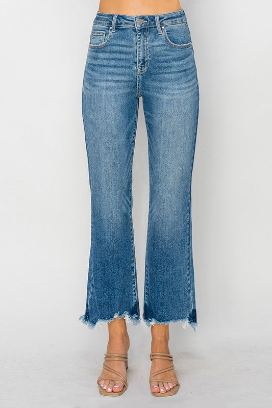 Medium Wash High Rise Crop Flare RISEN jeans
