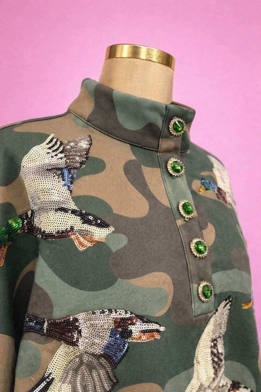 Camo Mallard Sequin Henley Pullover