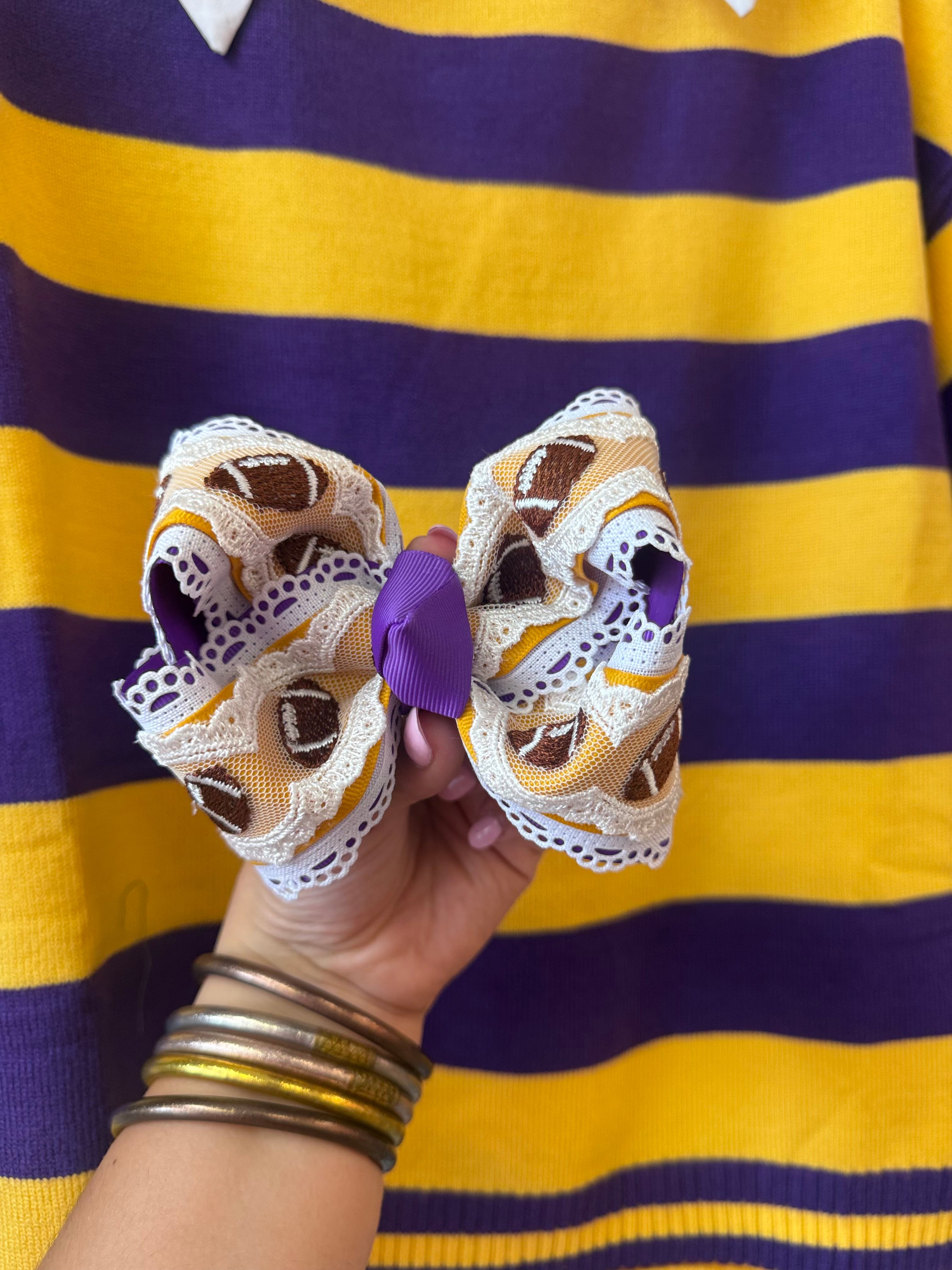 Purple & Gold Football Lace Bow