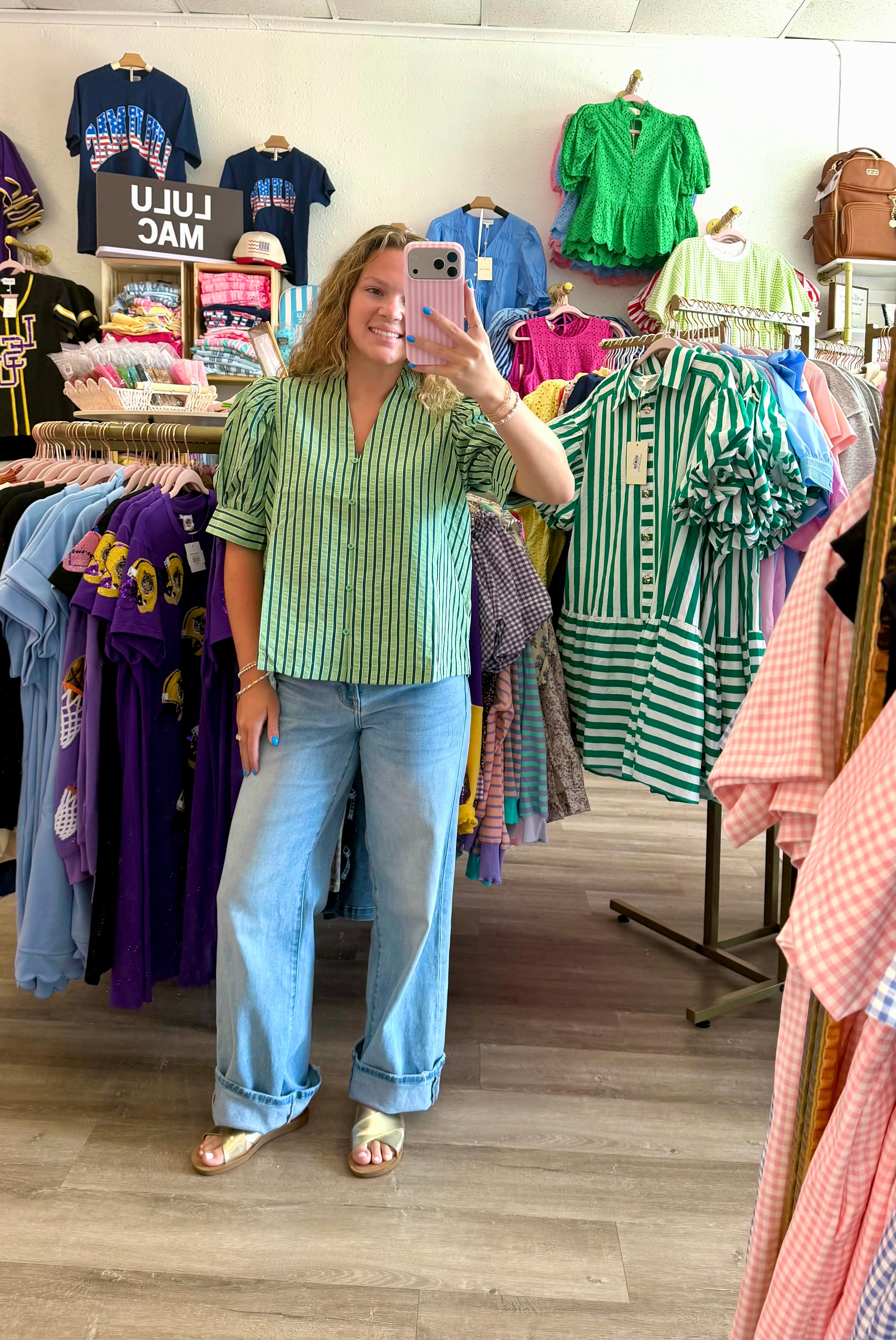 Puff Sleve Striped Top-Green