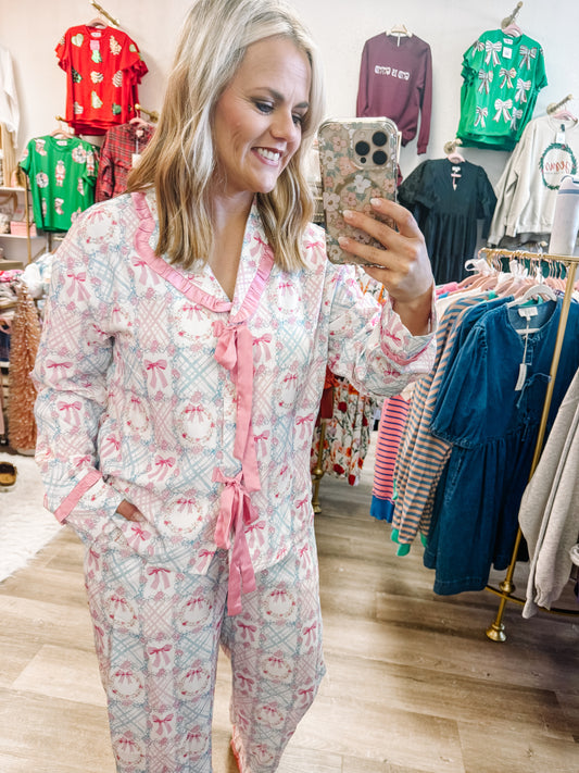 Pink Bow Wreath Christmas Pajamas |Women