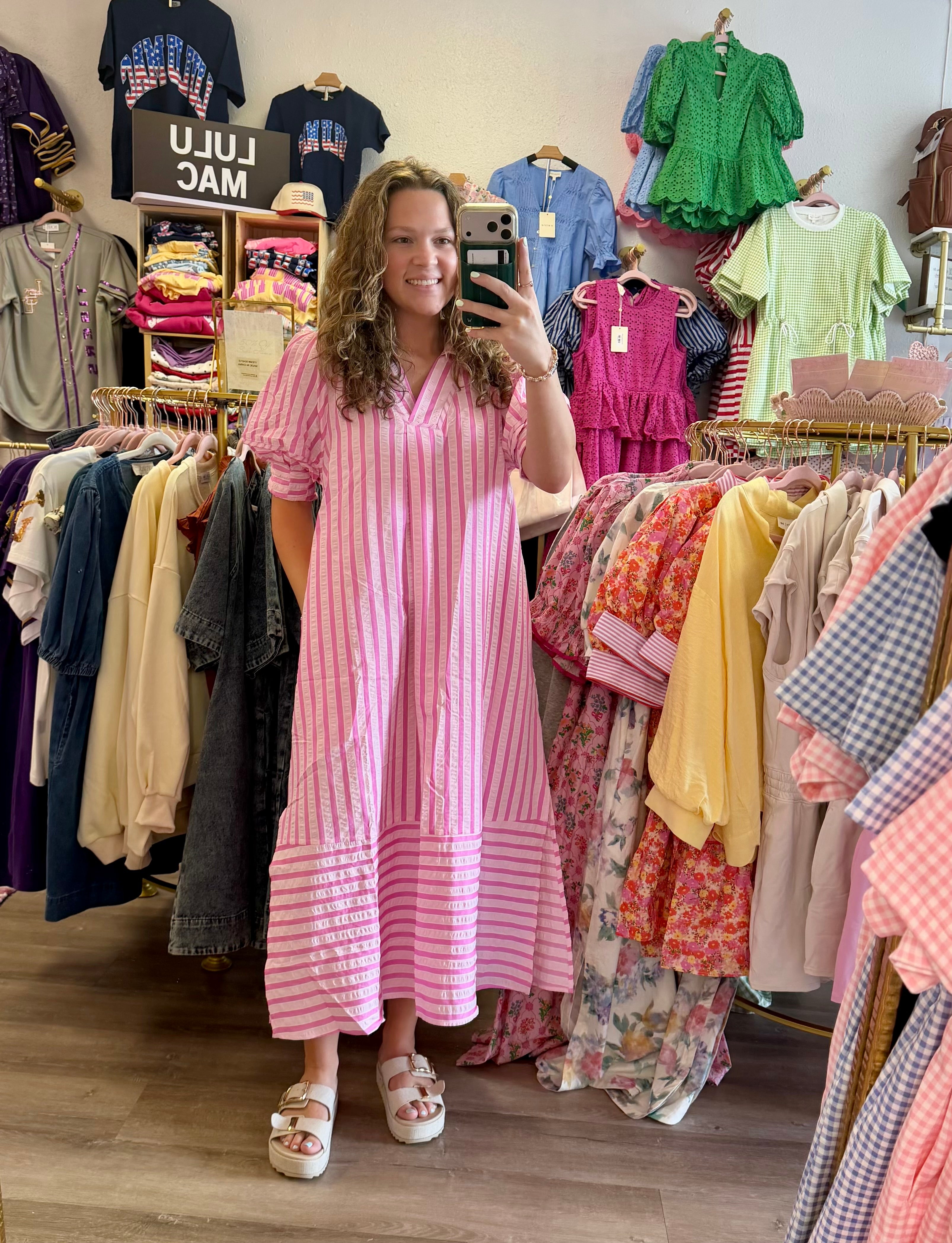 Pink Striped Puff Sleeve Dress