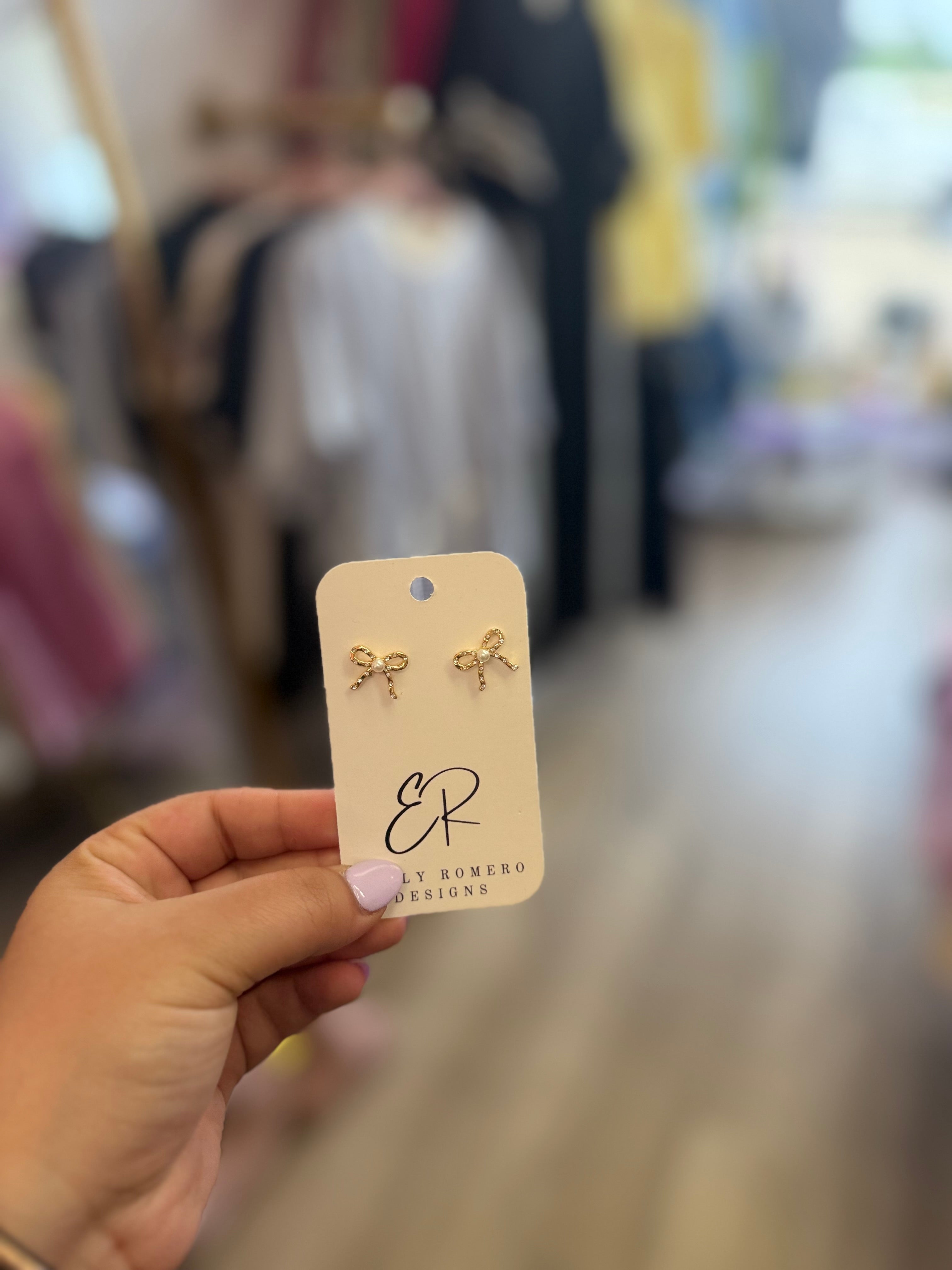 Gold Bow Studs with Pearl