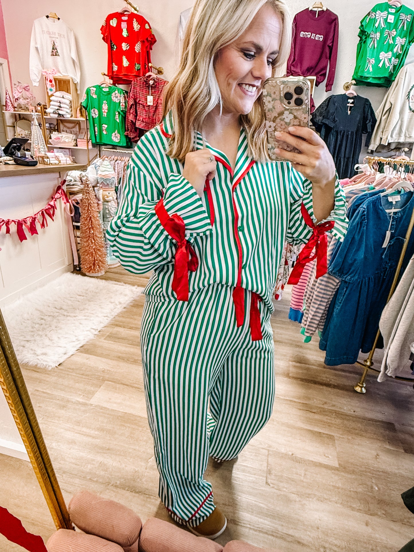 Green Striped Christmas Pajamas|WOMEN