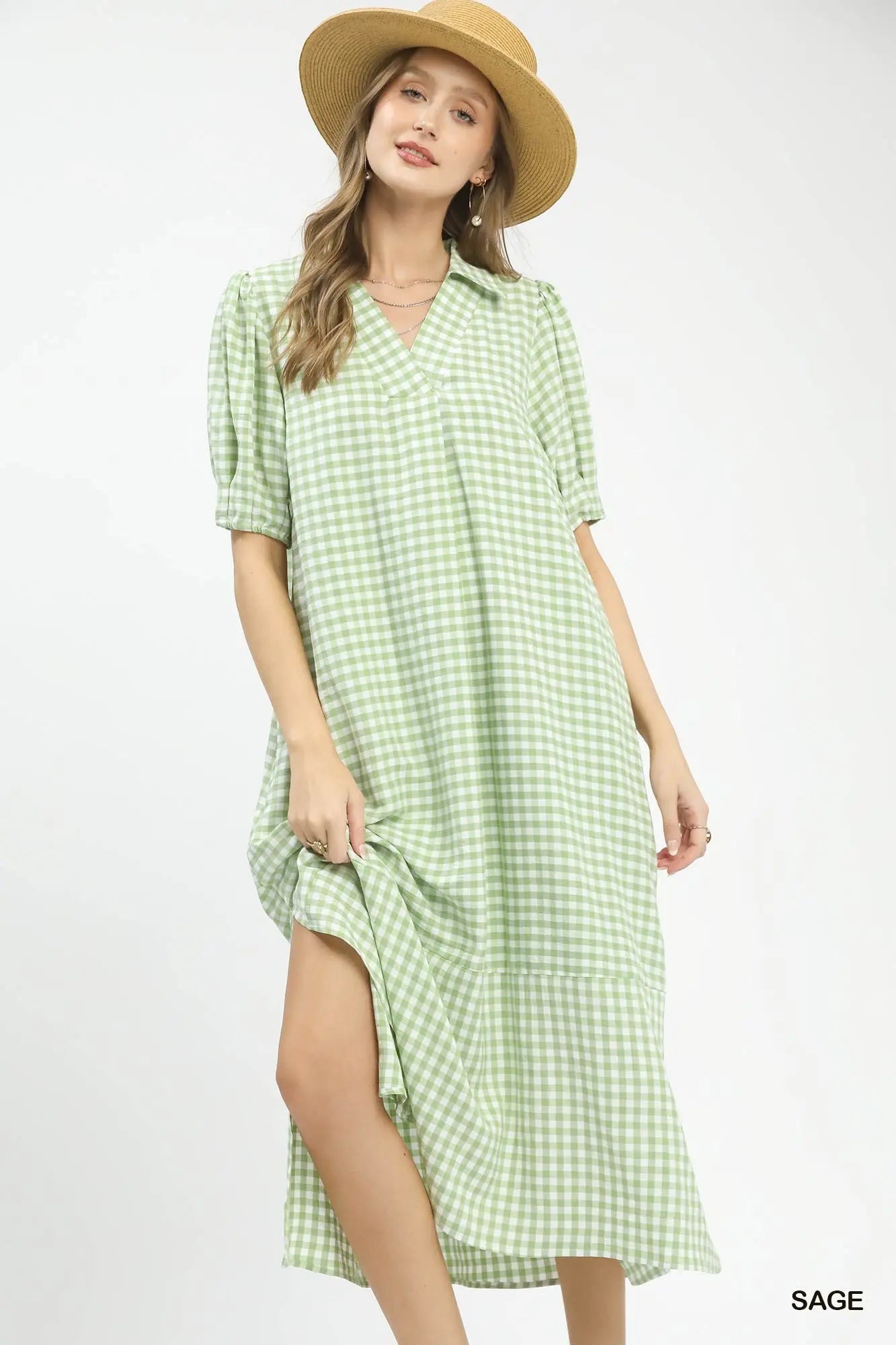 Gingham Midi Dress-Sage