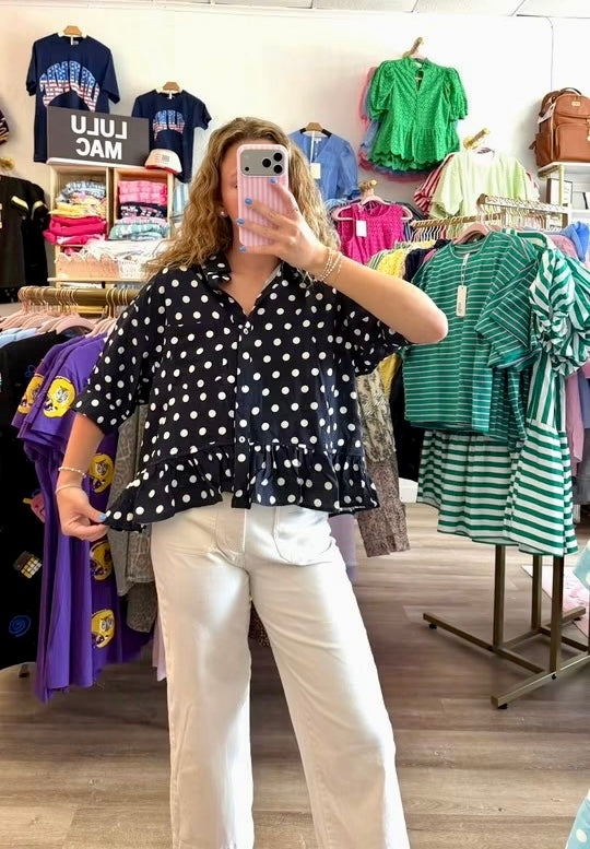 Navy and White Polka Dot Top