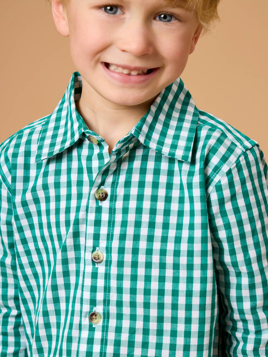 Boys Classic Emerald Green Gingham Long Sleeve Button Down Shirt