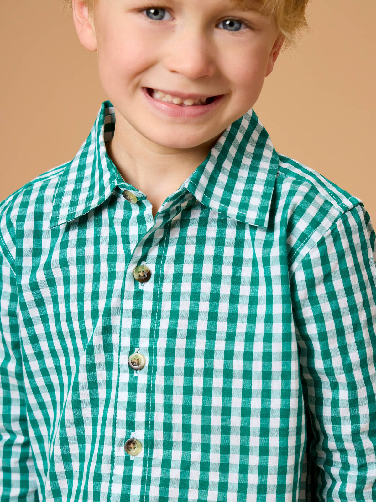 Boys Classic Emerald Green Gingham Long Sleeve Button Down Shirt