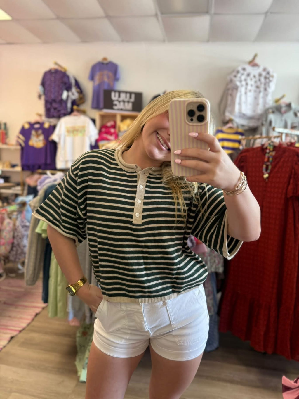 Striped Short Sleeve Henley Sweater