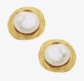 Gold and White Pearl Cabochon Earrings