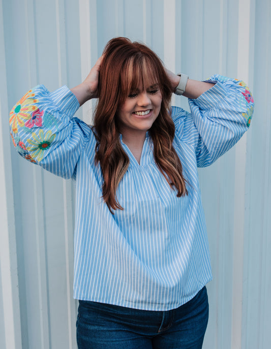 Blue & White Striped Floral Embroidery Top