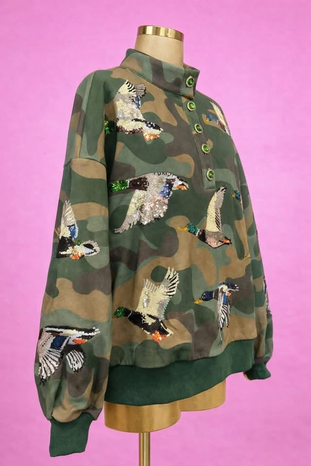 Camo Mallard Sequin Henley Pullover
