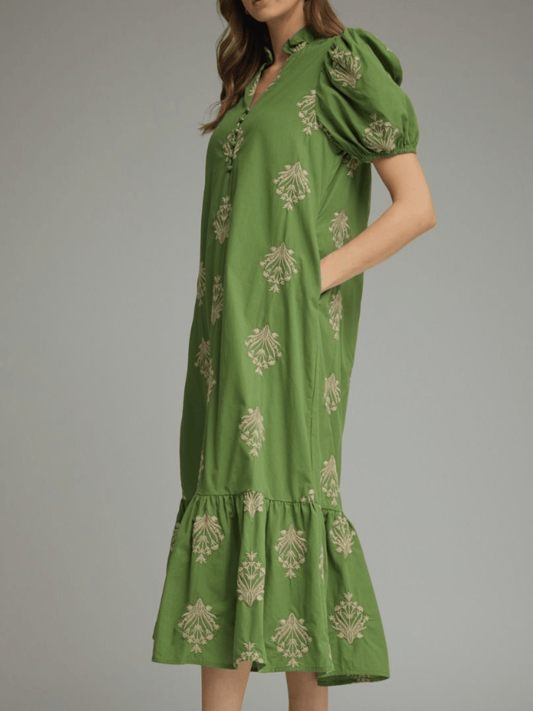 Green Botanical Embroidered Midi Dress