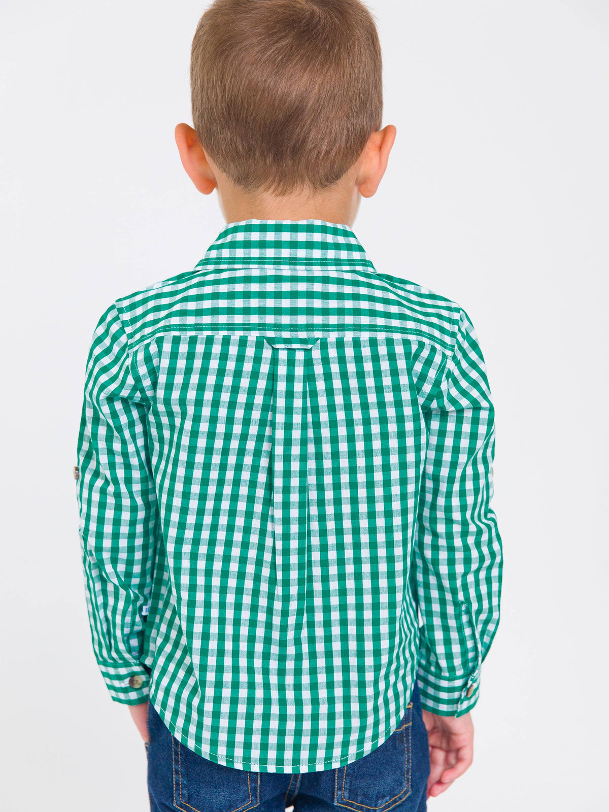Boys Classic Emerald Green Gingham Long Sleeve Button Down Shirt