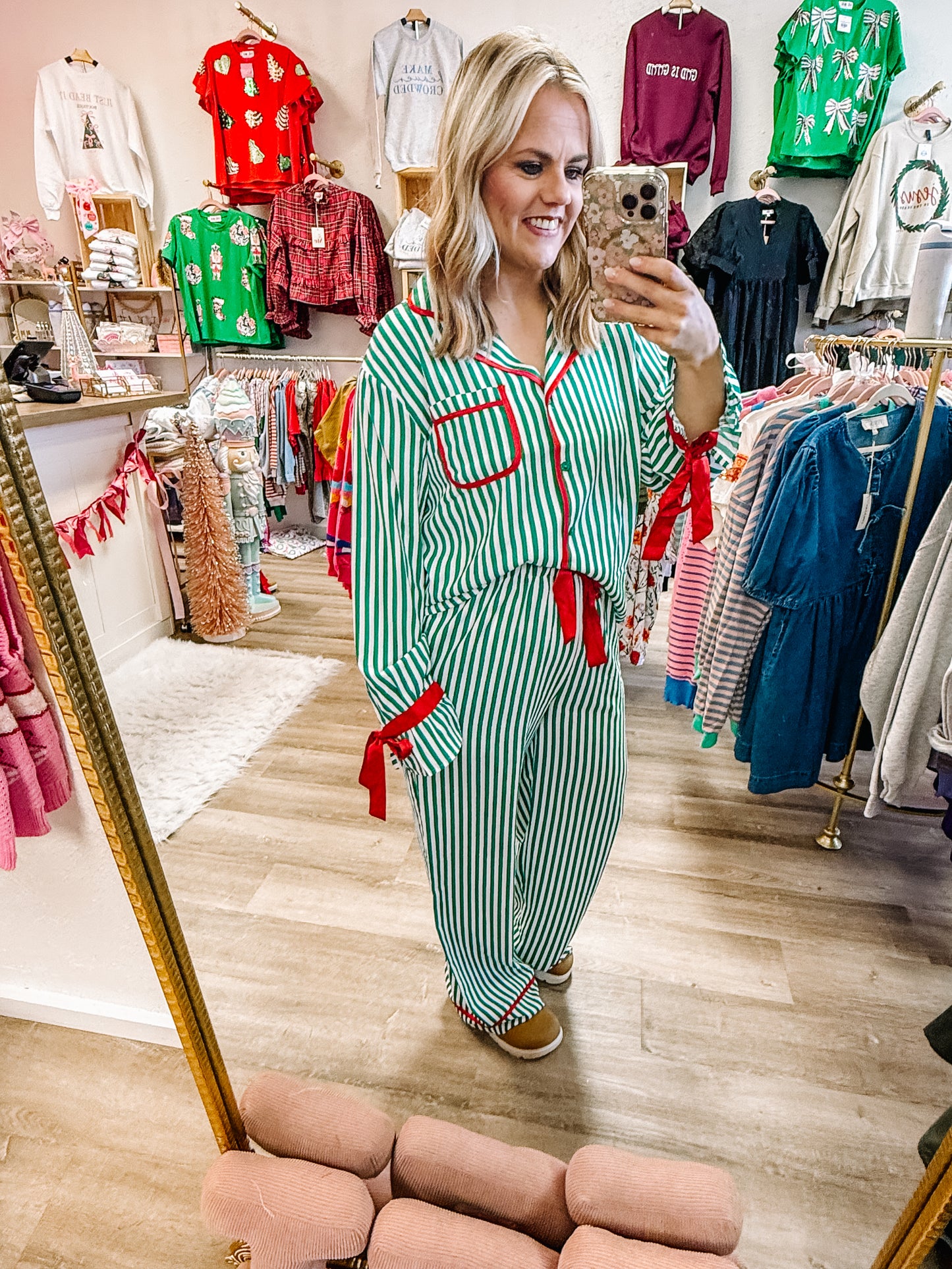 Green Striped Christmas Pajamas|WOMEN
