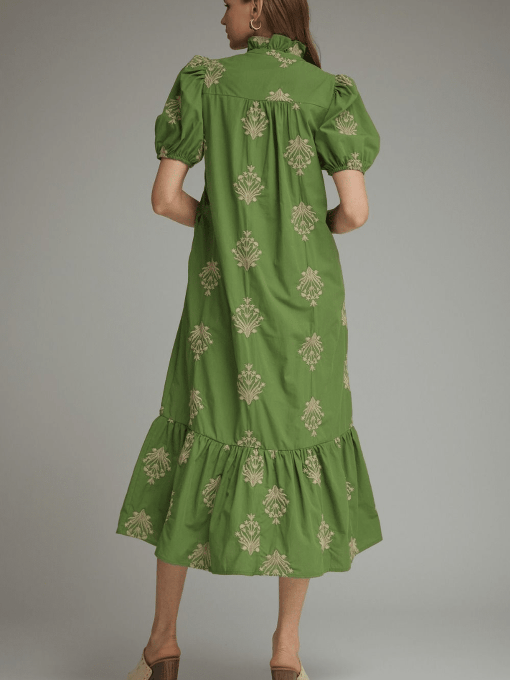 Green Botanical Embroidered Midi Dress