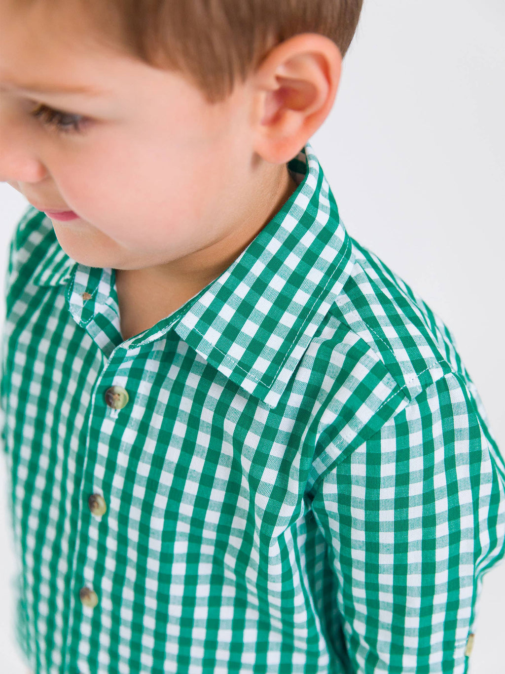 Boys Classic Emerald Green Gingham Long Sleeve Button Down Shirt