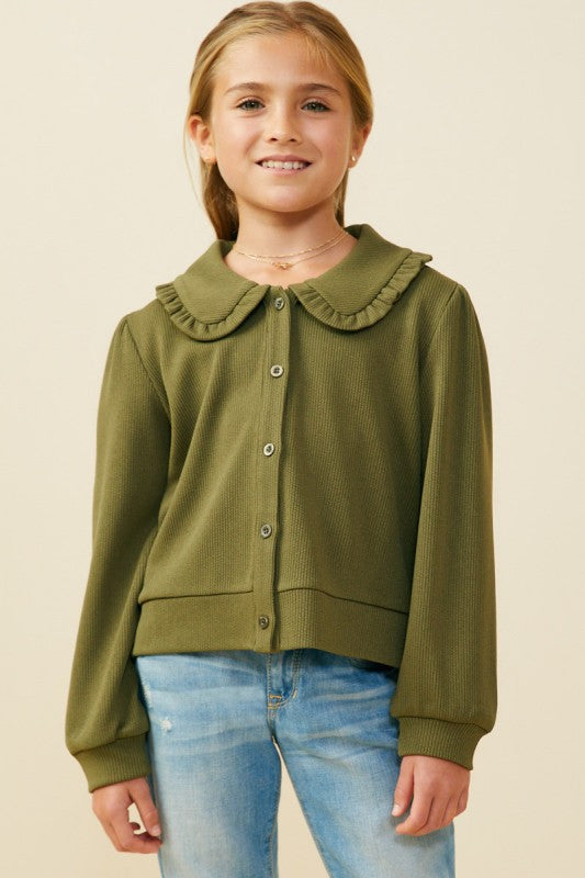 Olive Green Ruffle Peter Pan Cardigan