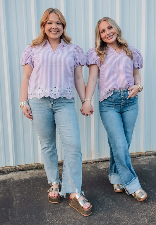 Lilac Seersucker Eyelet Detail Top