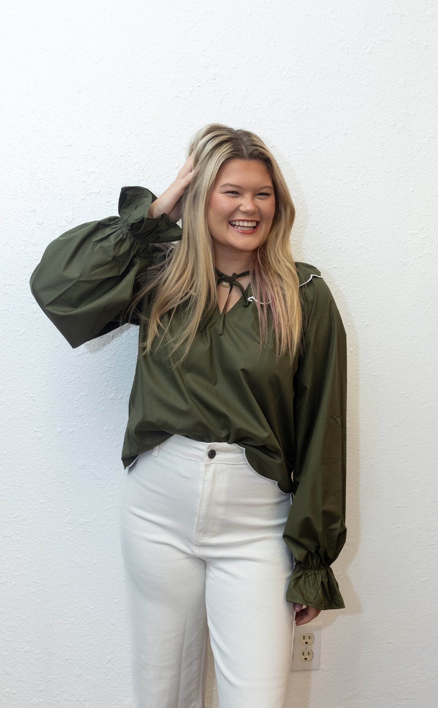Olive and White Scalloped Collar Top