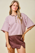 Striped Short Sleeve Henley Sweater|Pink & Brown|August ETA