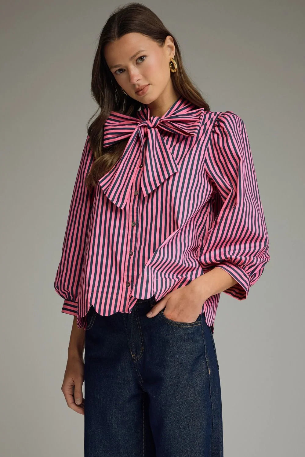 Bella Bow Stripe Top Pink/Pine