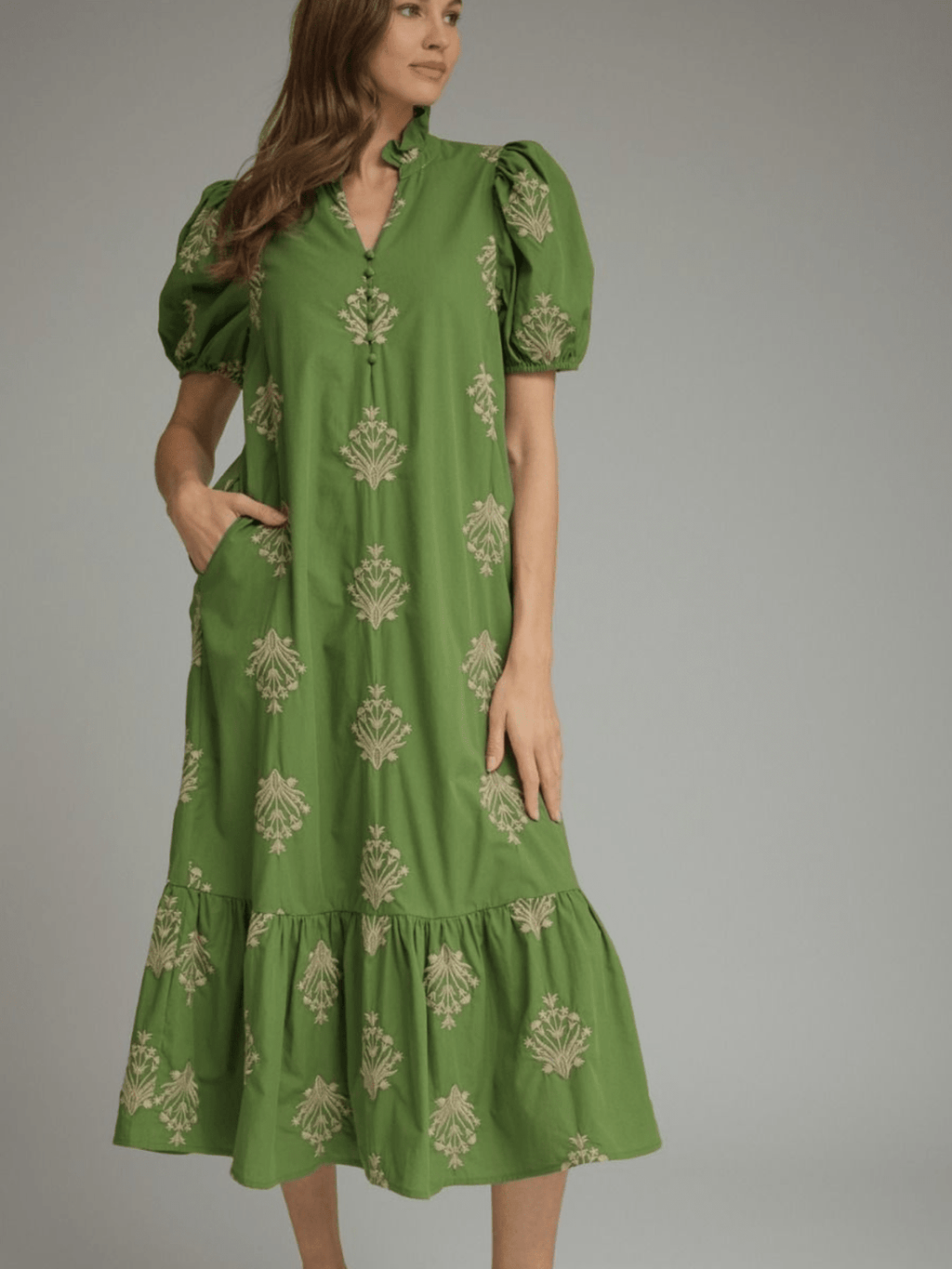 Green Botanical Embroidered Midi Dress