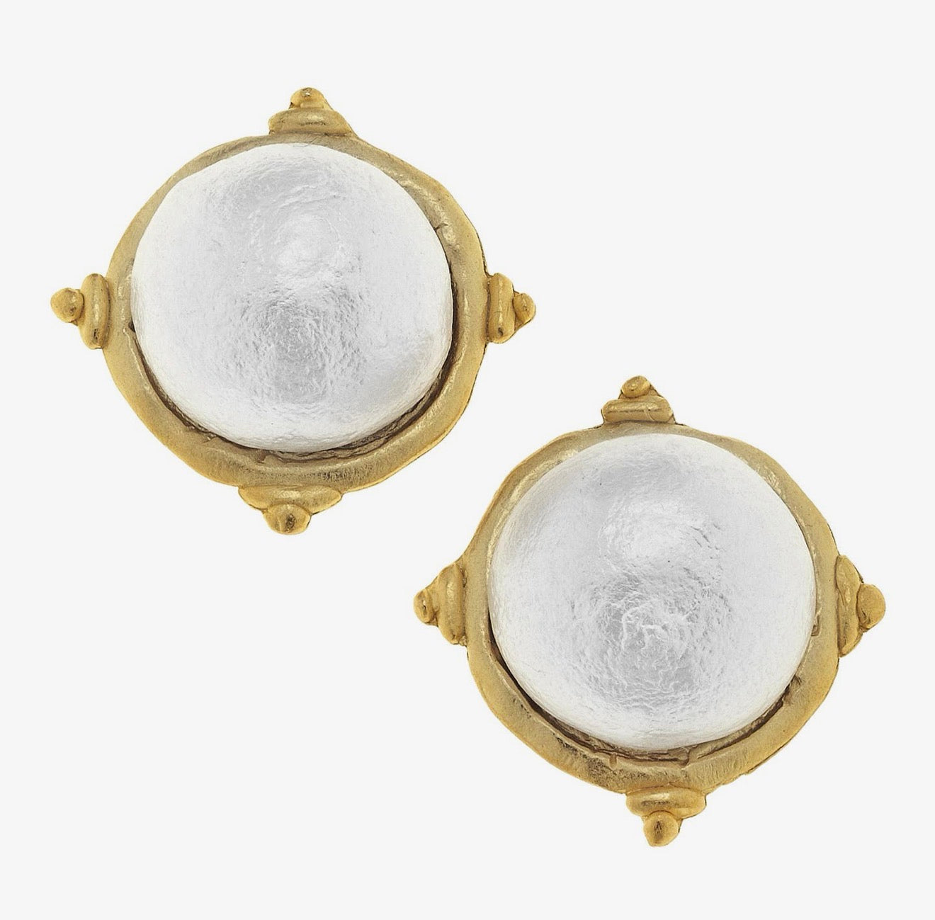 Gold and White Pearl Cabochon Earrings