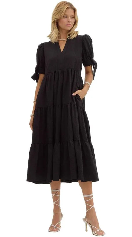 Black Tiered Bow Midi Dress