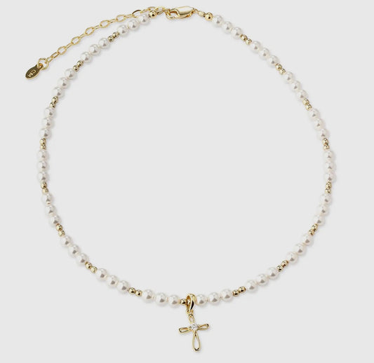 Gold Pearl & Cross Necklace