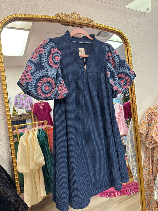 Navy Puff Embroidered Sleeve Dress