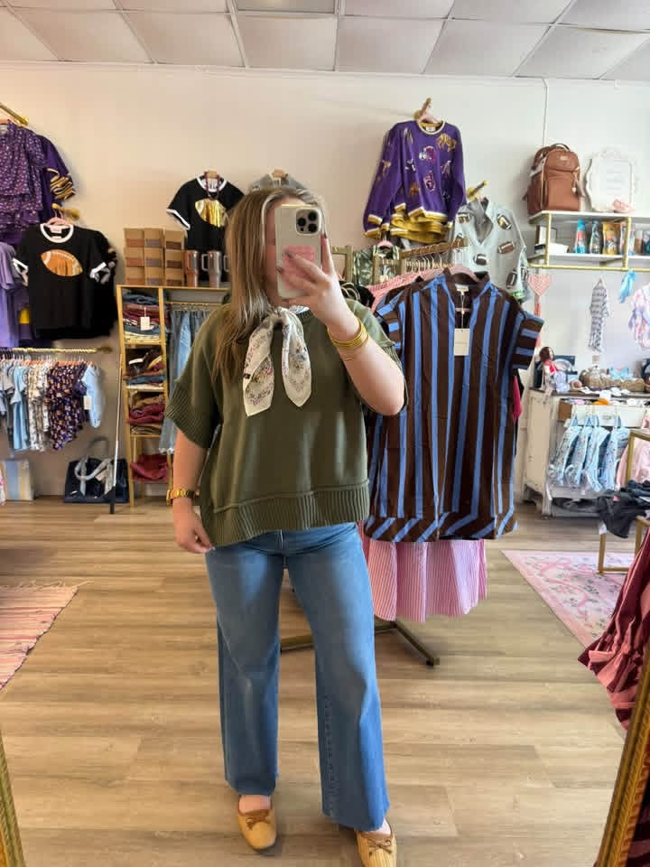 Olive Green Short Sleeve Sweater Top