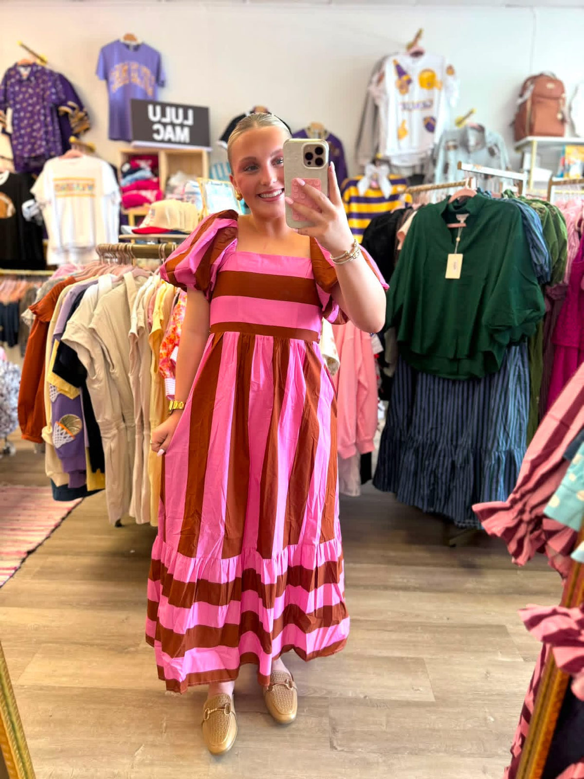 Stripe Me Pretty Midi Dress Pink+Brown