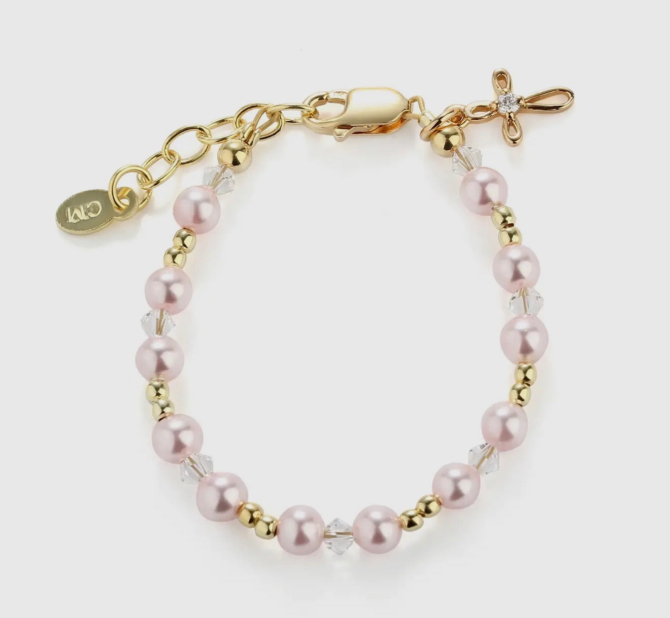 Pink Pearl Gold Cross Bracelet|0-12m