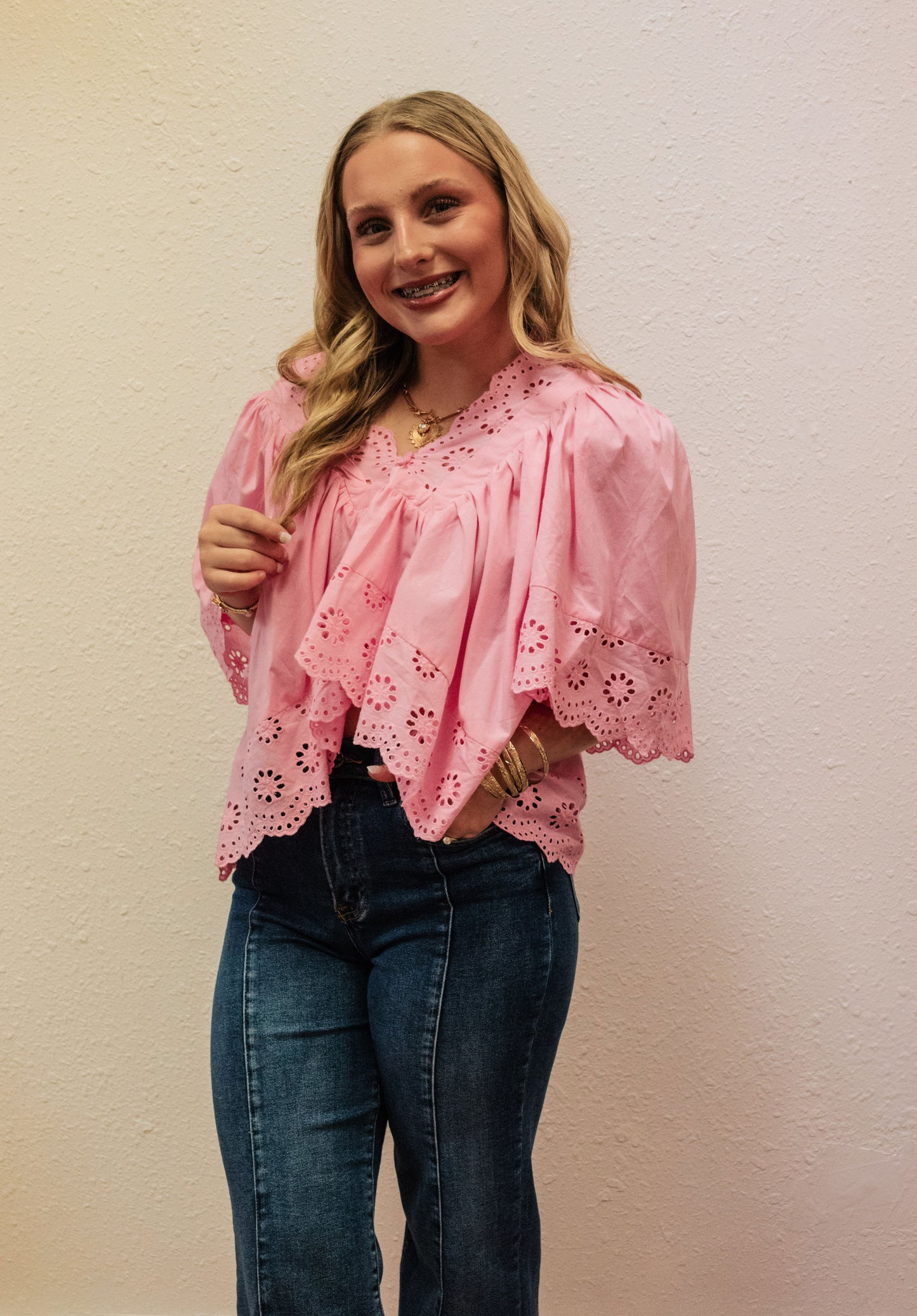 Pink Scallop Trim Eyelet Detail Top