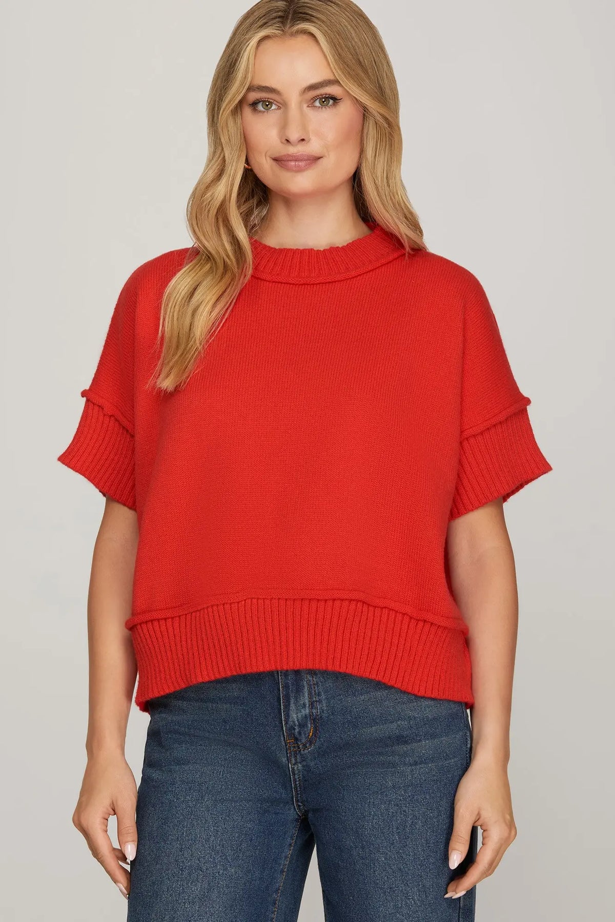 Short sleeve sweater top-Red