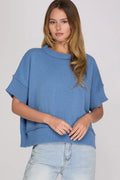 Short sleeve sweater top-Blue