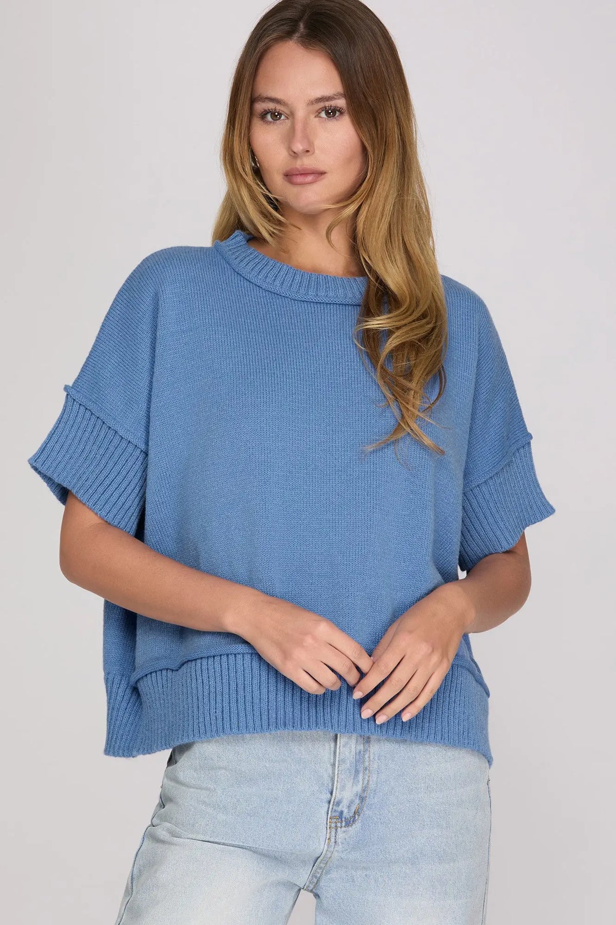 Short sleeve sweater top-Blue