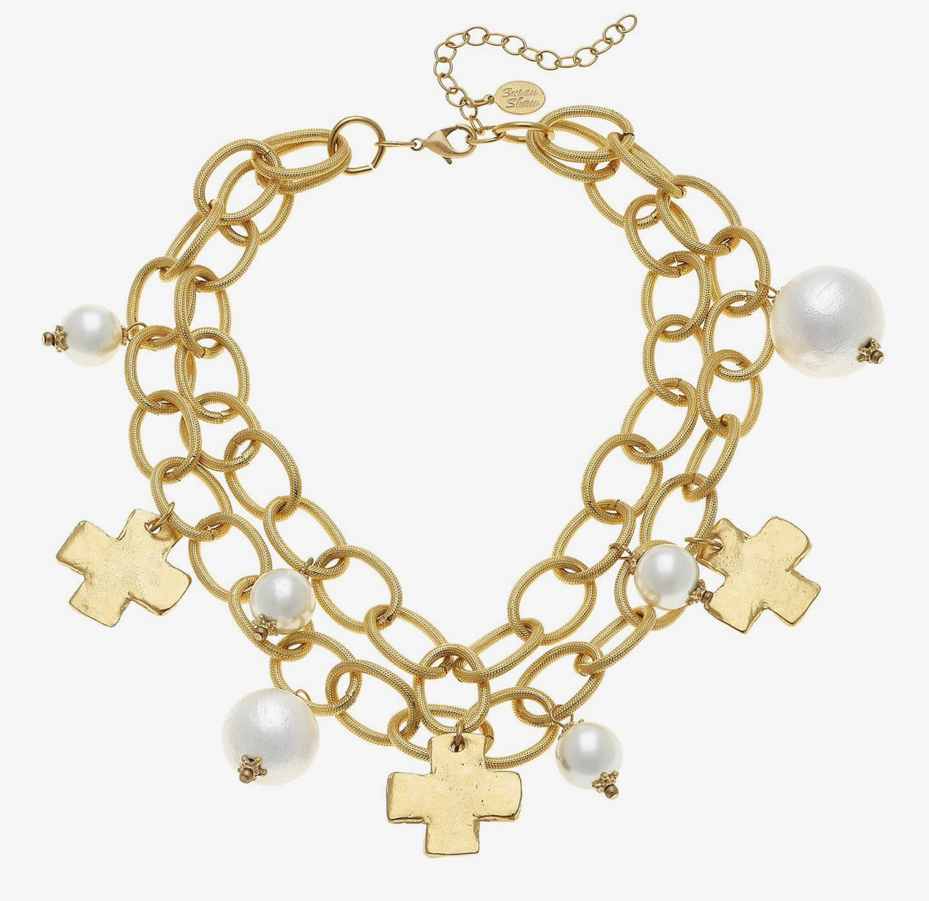 Gold Cross and Cotton Pearl Necklace