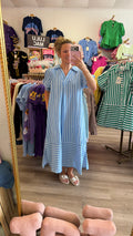 Blue Striped Puff Sleeve Midi Length Dress