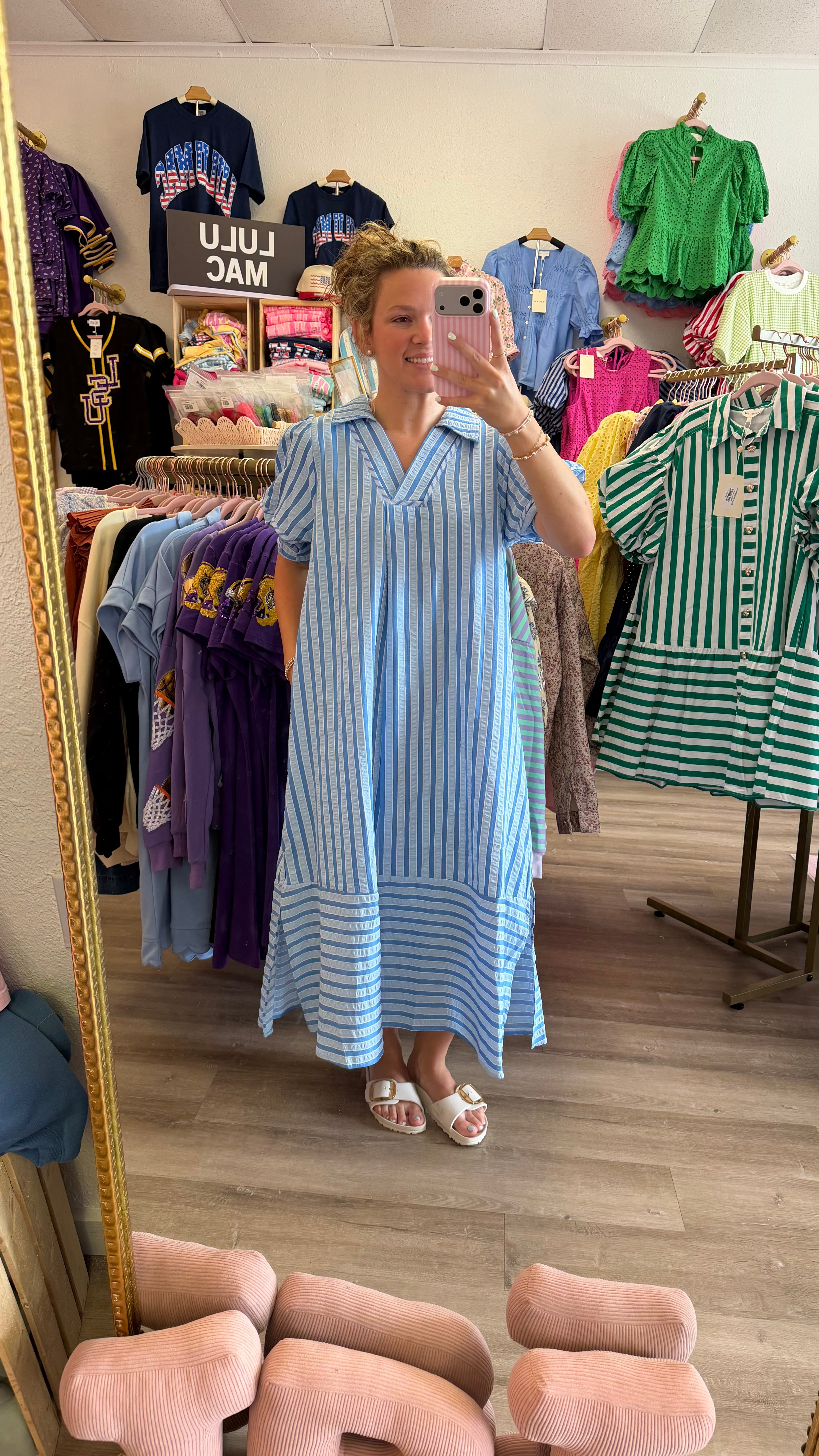 Blue Striped Puff Sleeve Striped midi length dress