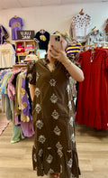 Brown Botanical Embroidered Midi Length Dress